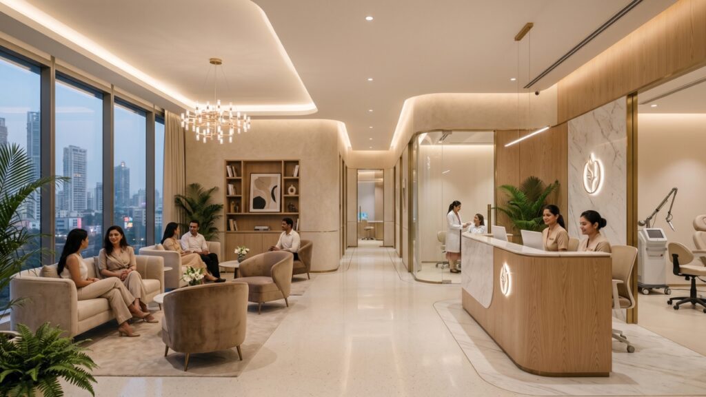 Modern aesthetic clinic reception and waiting lounge with staff assisting patients