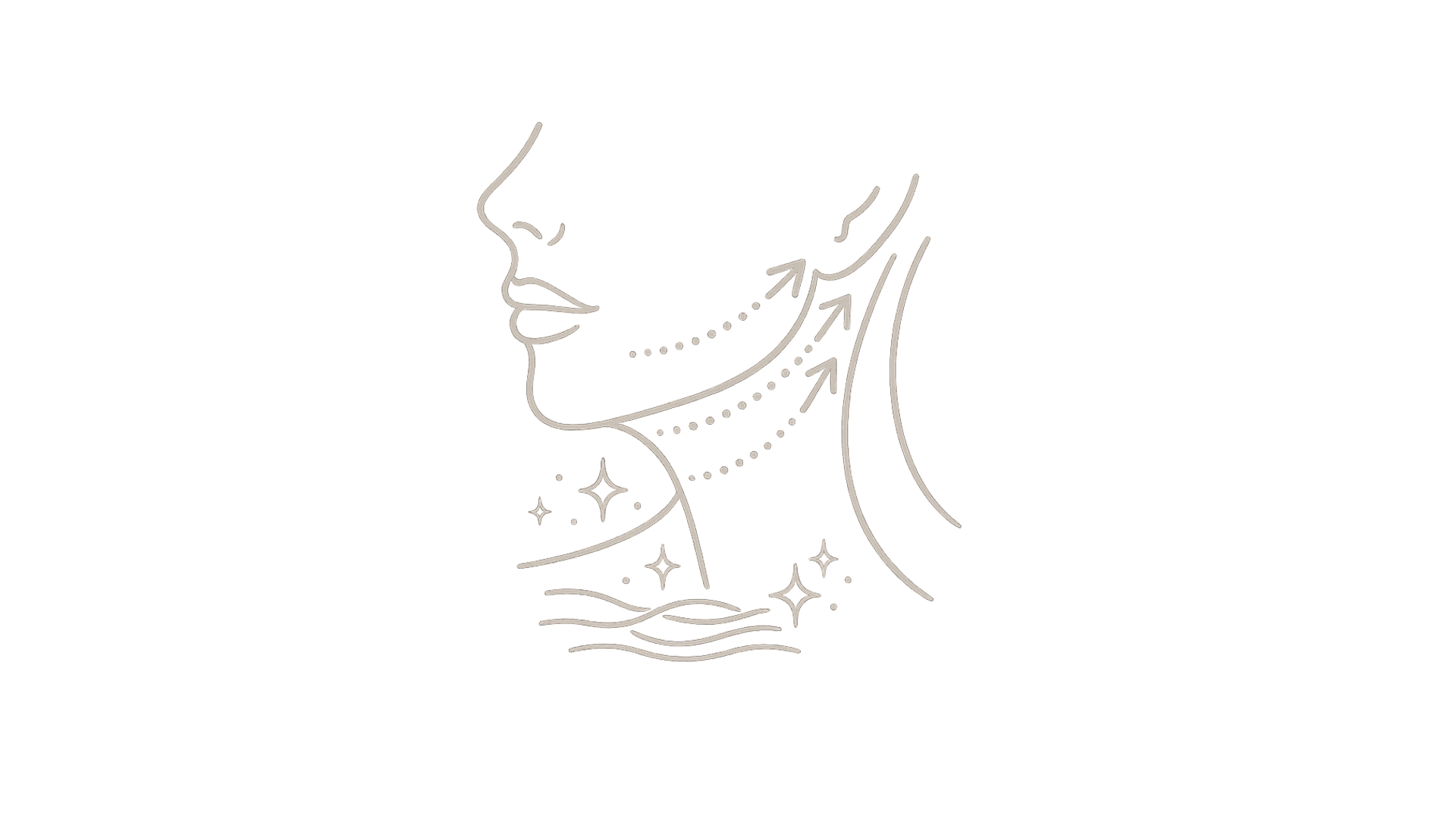 Side profile icon of face and neck with contour lines representing skin laxity and sagging