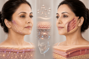 Split comparison illustration of thread lift lifting vectors versus surgical facelift muscle repositioning