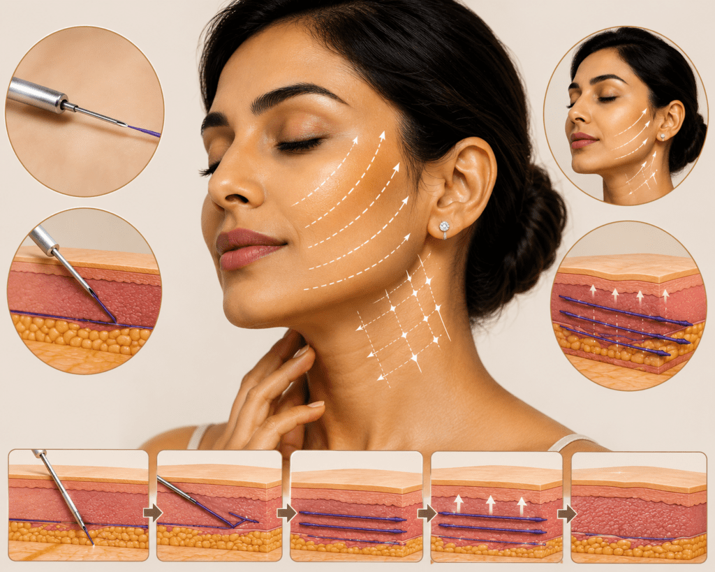 Woman's face and neck with thread lift entry points, plus a five-step skin cross-section diagram
