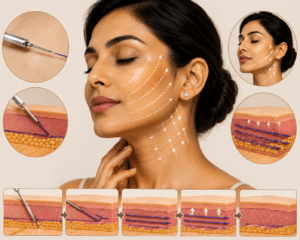 Woman's face and neck with thread lift entry points, plus a five-step skin cross-section diagram