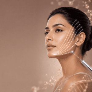 Illustration of thread lift treatment showing absorbable threads inserted along the cheekbone, jawline and neck of a woman's face in profile