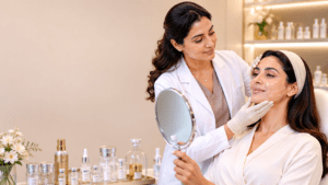 Smiling patient holding a mirror while the doctor shows her lifted cheek and jawline