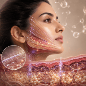 Illustration of facial muscle anatomy above a glowing dermal cross-section with a magnified thread inset