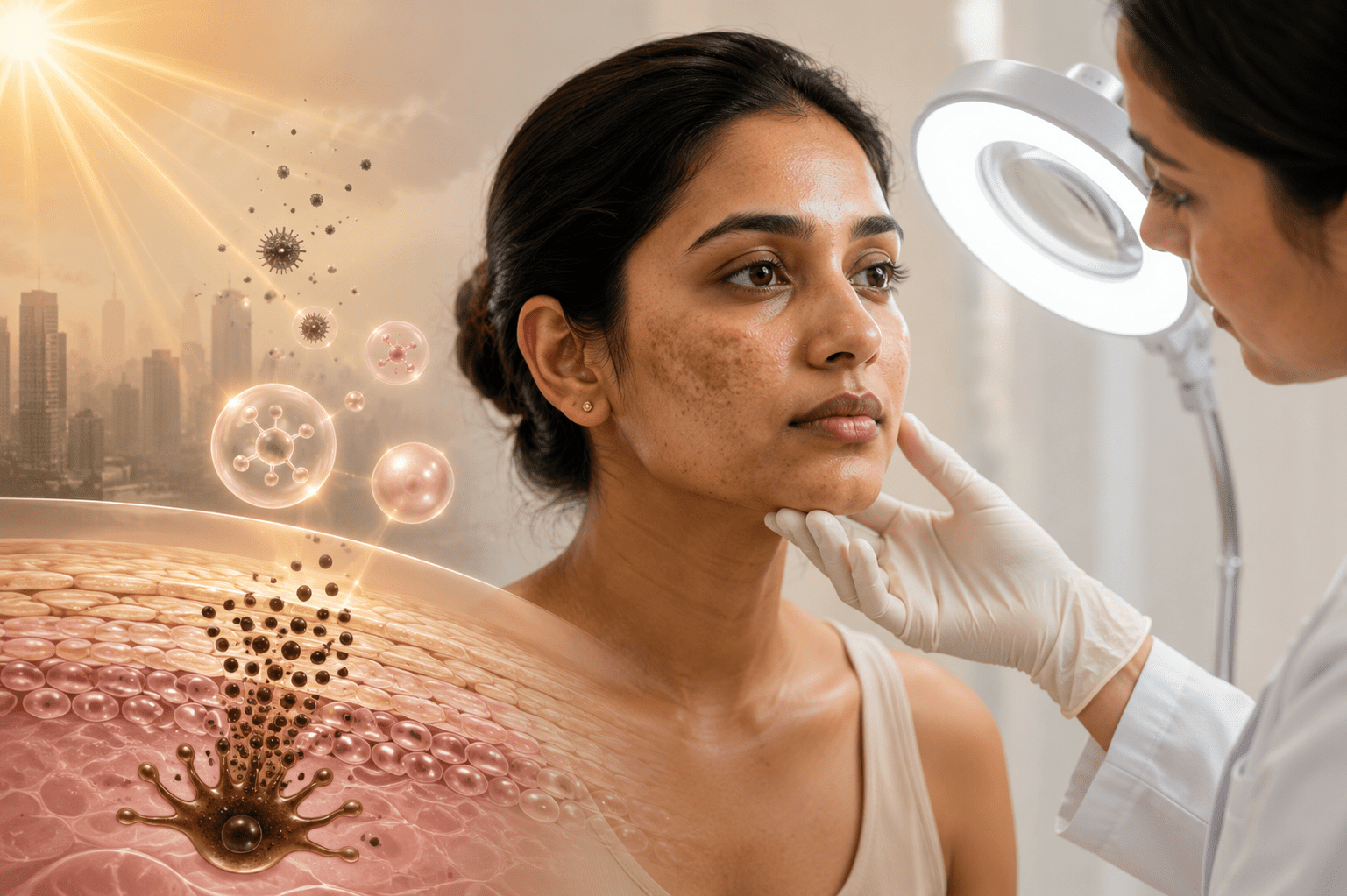 Dermatologist examining a woman's cheek pigmentation with sun rays and pollution particles depicted behind her