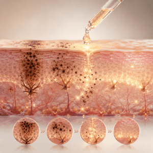 Cross-section illustration of skin layers with melanin deposits and a serum droplet penetrating the epidermis