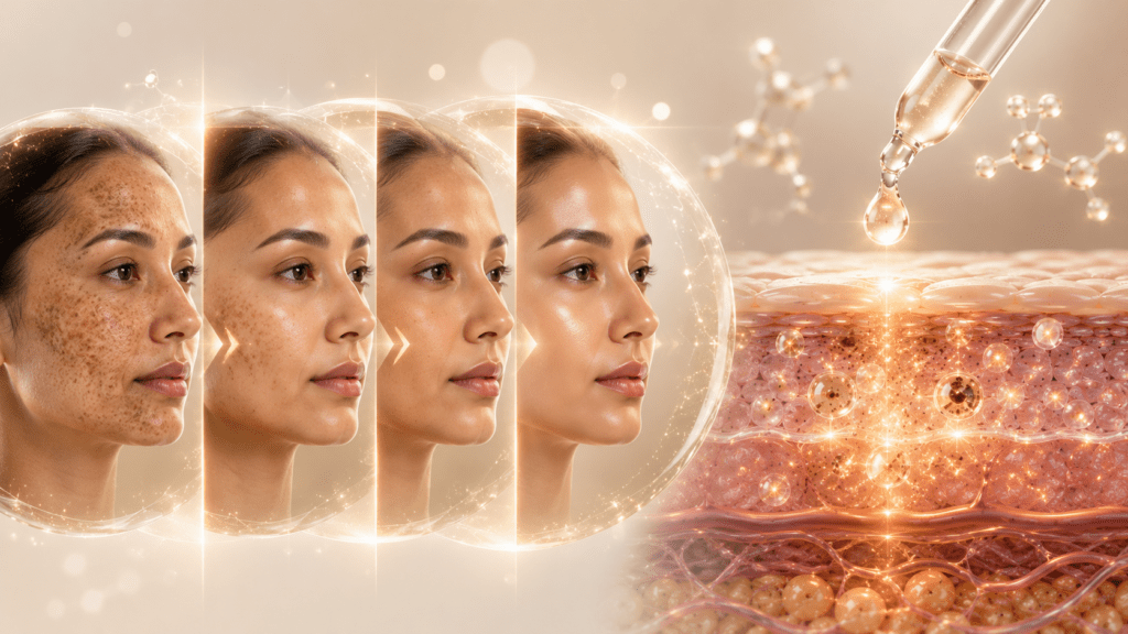 Repeated face profiles beside a skin cross-section illustrating extended treatment area coverage