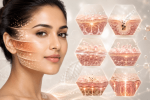 Indian woman with skin cross-section panels illustrating chemical peel penetration depths from glycolic to TCA formulations