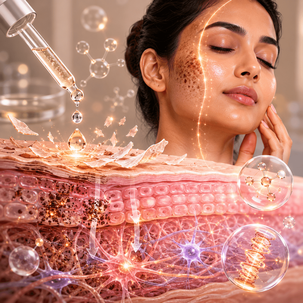 Indian woman with renewed glowing skin beside a serum dropper illustrating chemical peel exfoliation and collagen stimulation