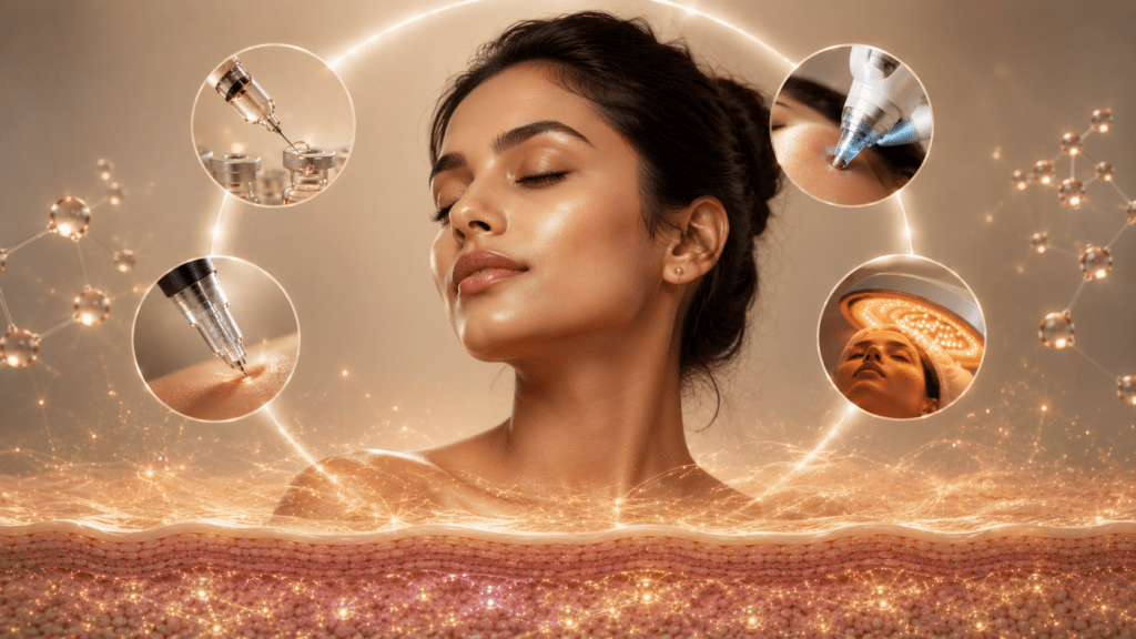 Woman's face surrounded by icons of different cosmetic treatment devices representing combination therapies