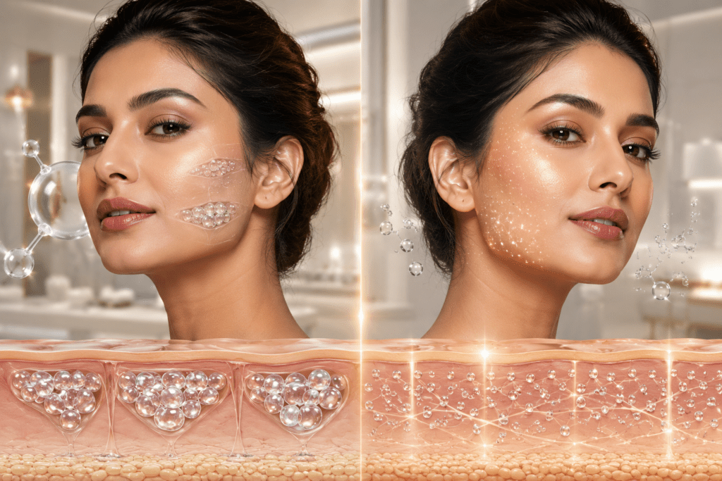 Cross-section comparing dermal filler and skin booster hyaluronic acid molecules in the skin