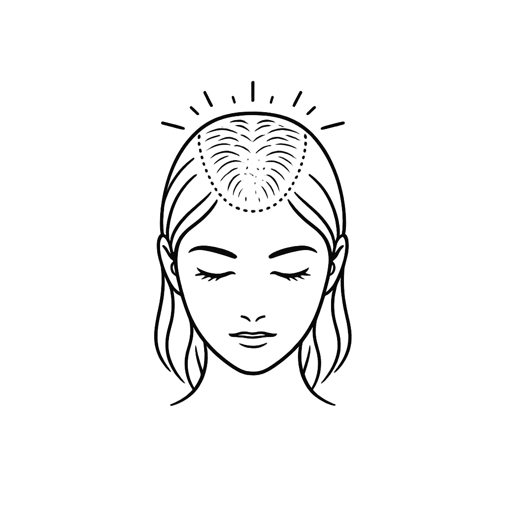 Minimalist line-art illustration of female head showing diffuse hair thinning pattern across crown and mid-scalp