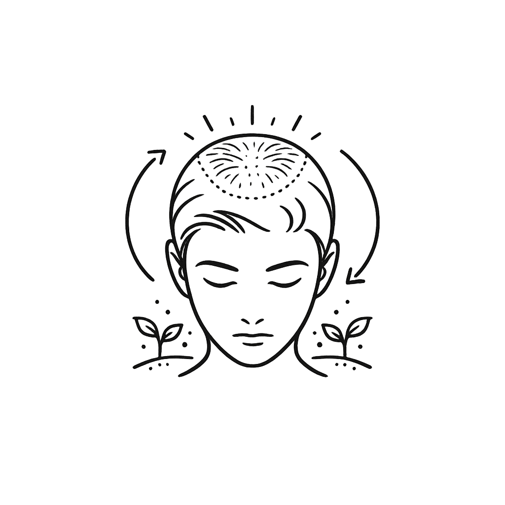 Line icon of a young face with thinning crown hair and sprouting leaf symbols for early regrowth