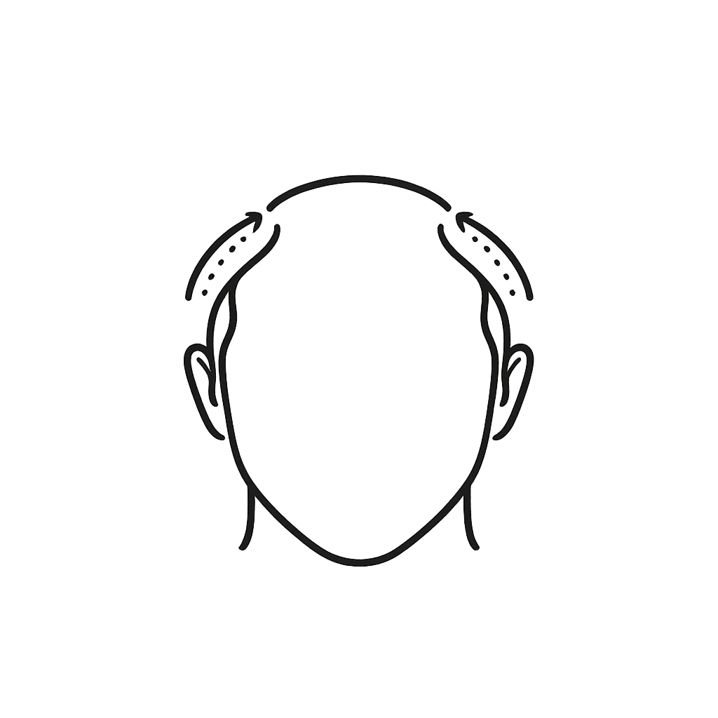 Line icon of a head showing a receding hairline at the temples