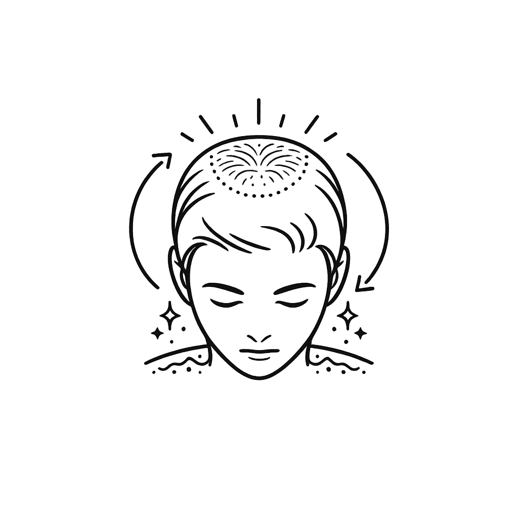 Line icon of a face with radiating lines above a thinning crown area