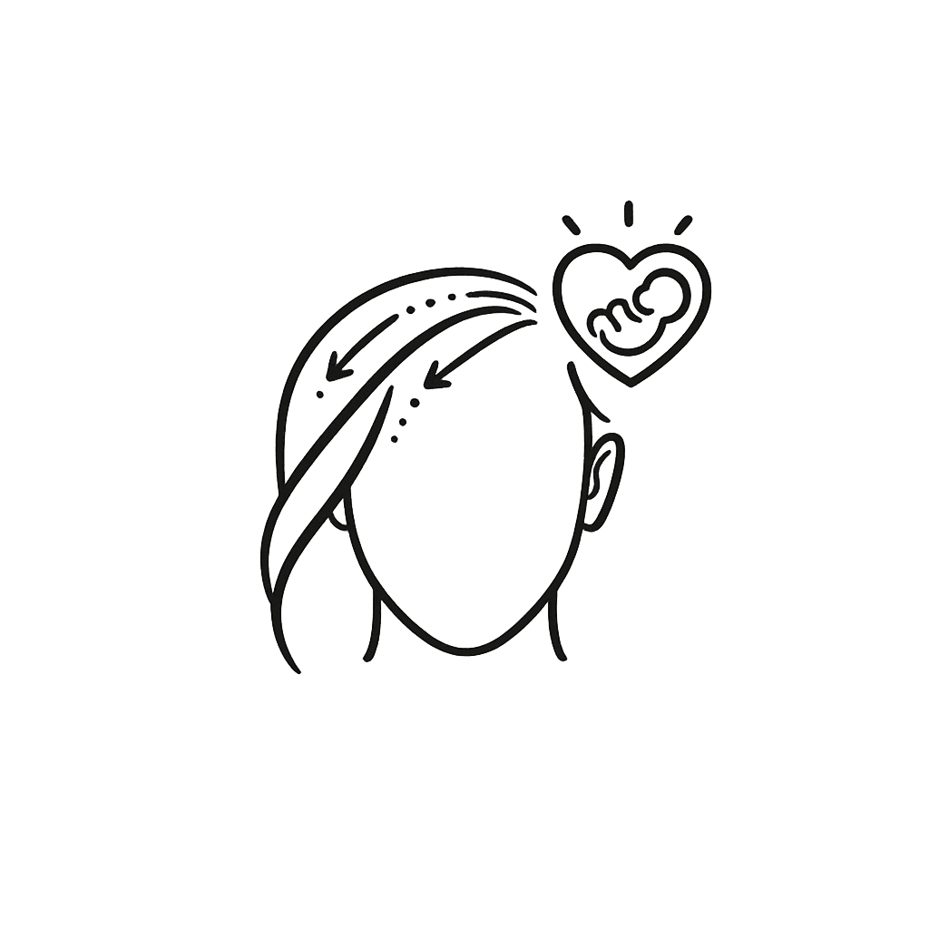 Line icon of a woman's face with flowing hair and a heart symbolizing postpartum care