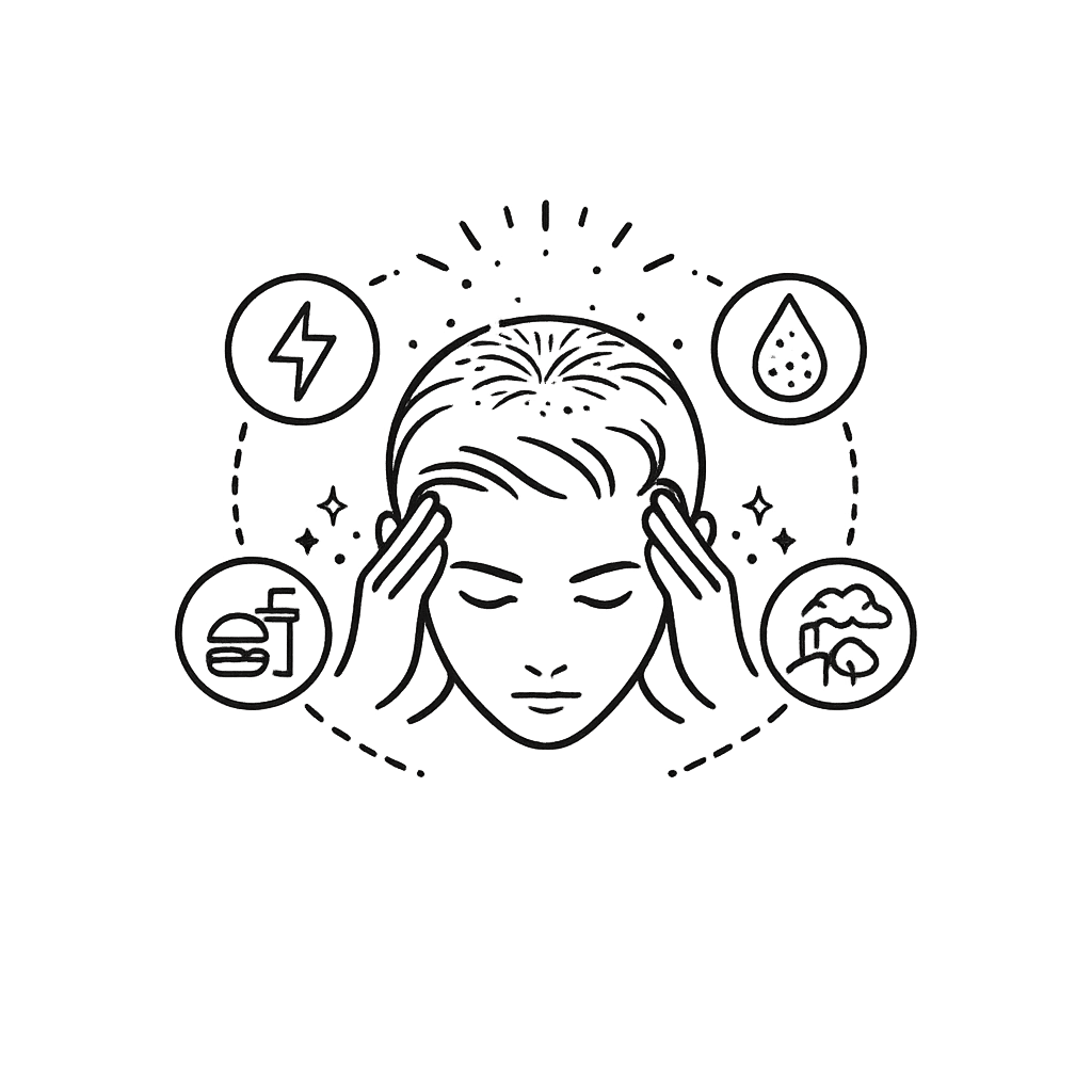 Minimalist line icon of a head with stress, water droplet, and lifestyle symbols