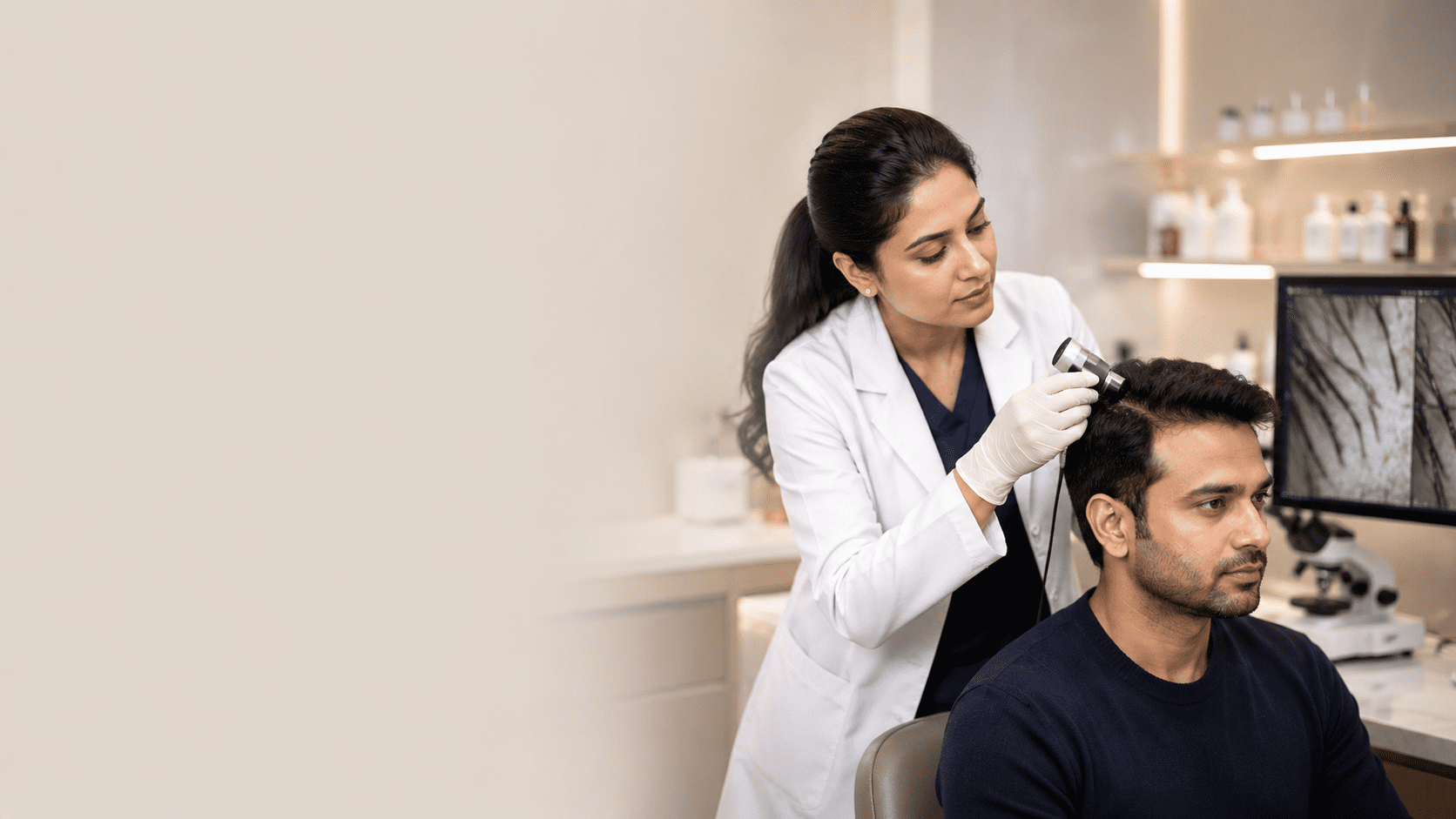 Doctor examining a patient's scalp with a handheld dermatoscope in a clinic setting