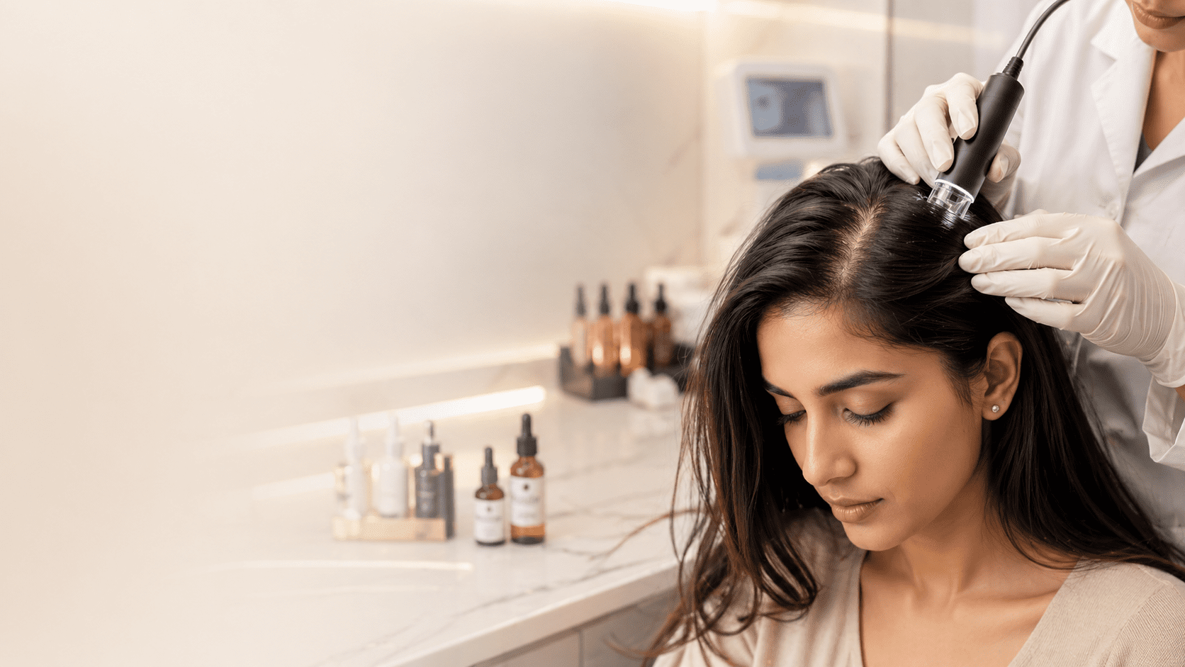 Technician applying a scalp treatment to a woman's hair at a hair restoration clinic