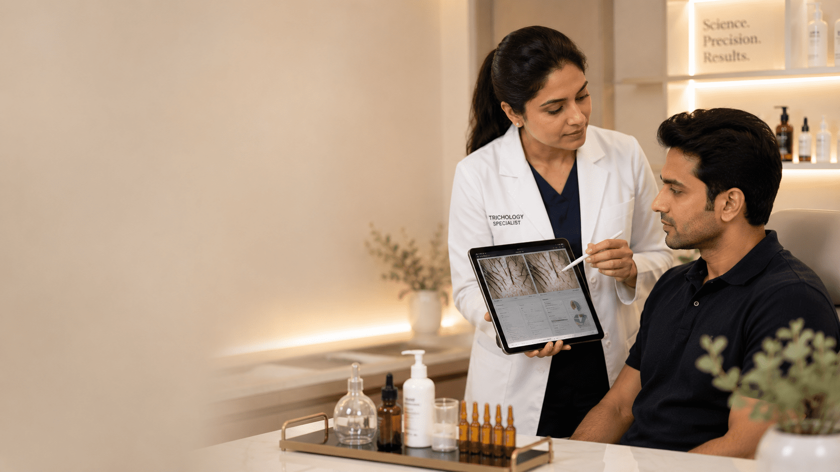 Doctor reviewing PRP hair regrowth session details with a male patient using a tablet