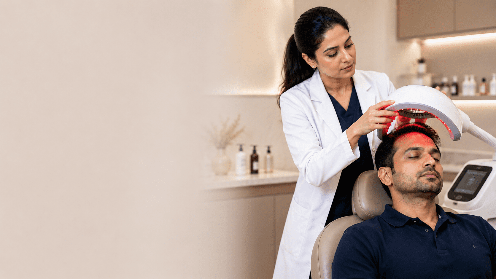 Doctor fitting a low-level laser therapy cap on a patient's scalp