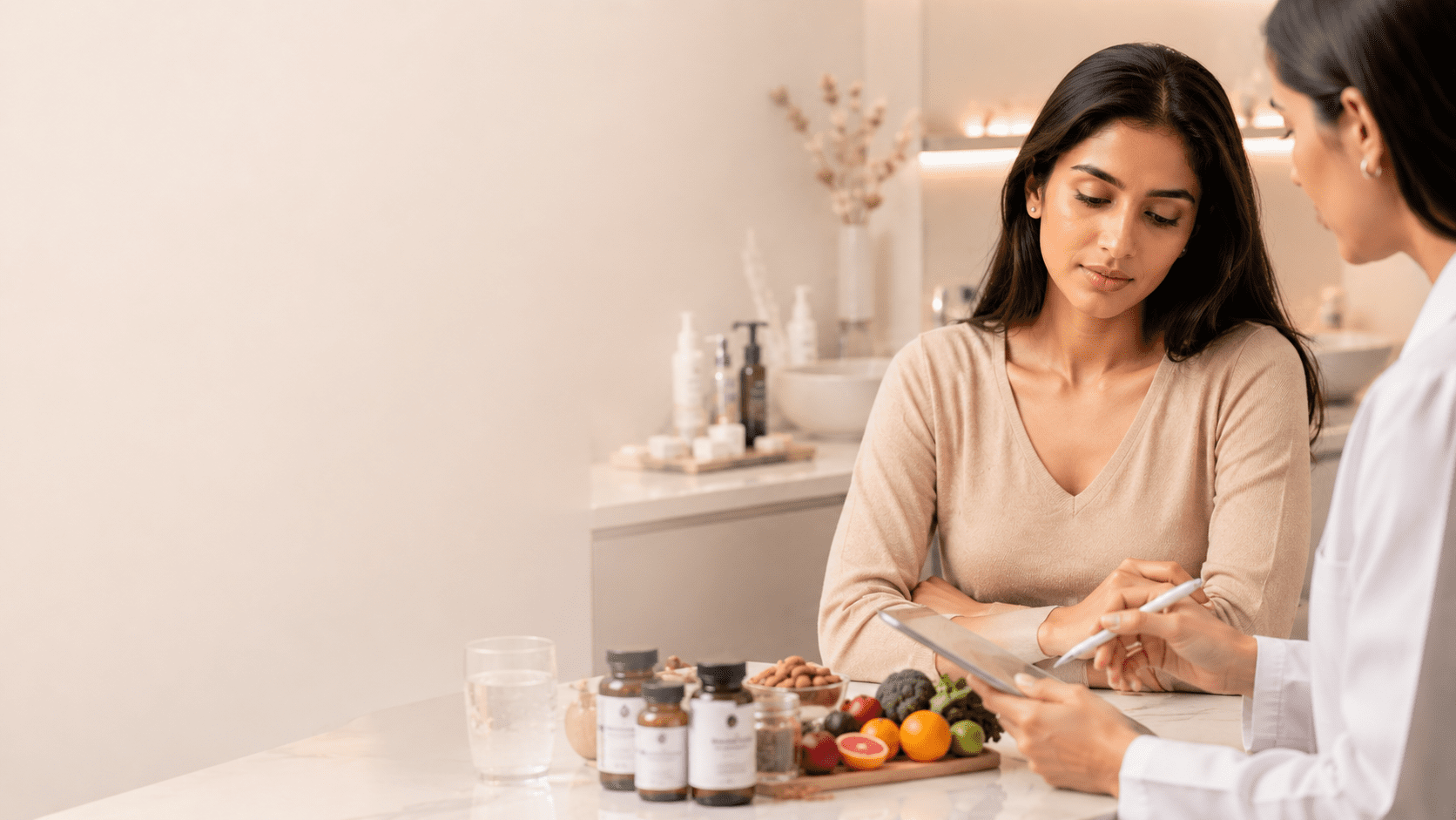 Woman preparing a healthy meal and supplements to support hair regrowth