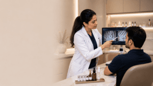 Doctor reviewing scalp trichoscopy results with a patient during a follow-up visit