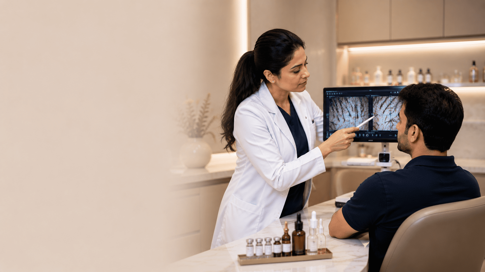 Doctor reviewing scalp trichoscopy results with a patient during a follow-up visit