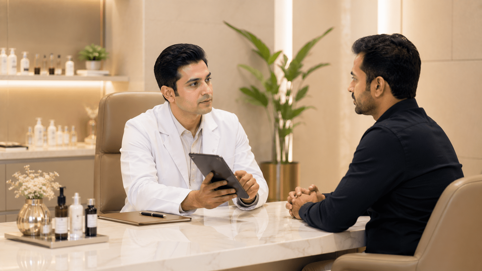 Doctor consulting a male patient about hair fall treatment and scalp health in a modern dermatology clinic