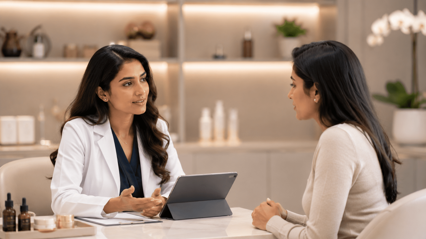 Dermatologist consulting a female patient during a personalized skincare treatment consultation in a modern clinic