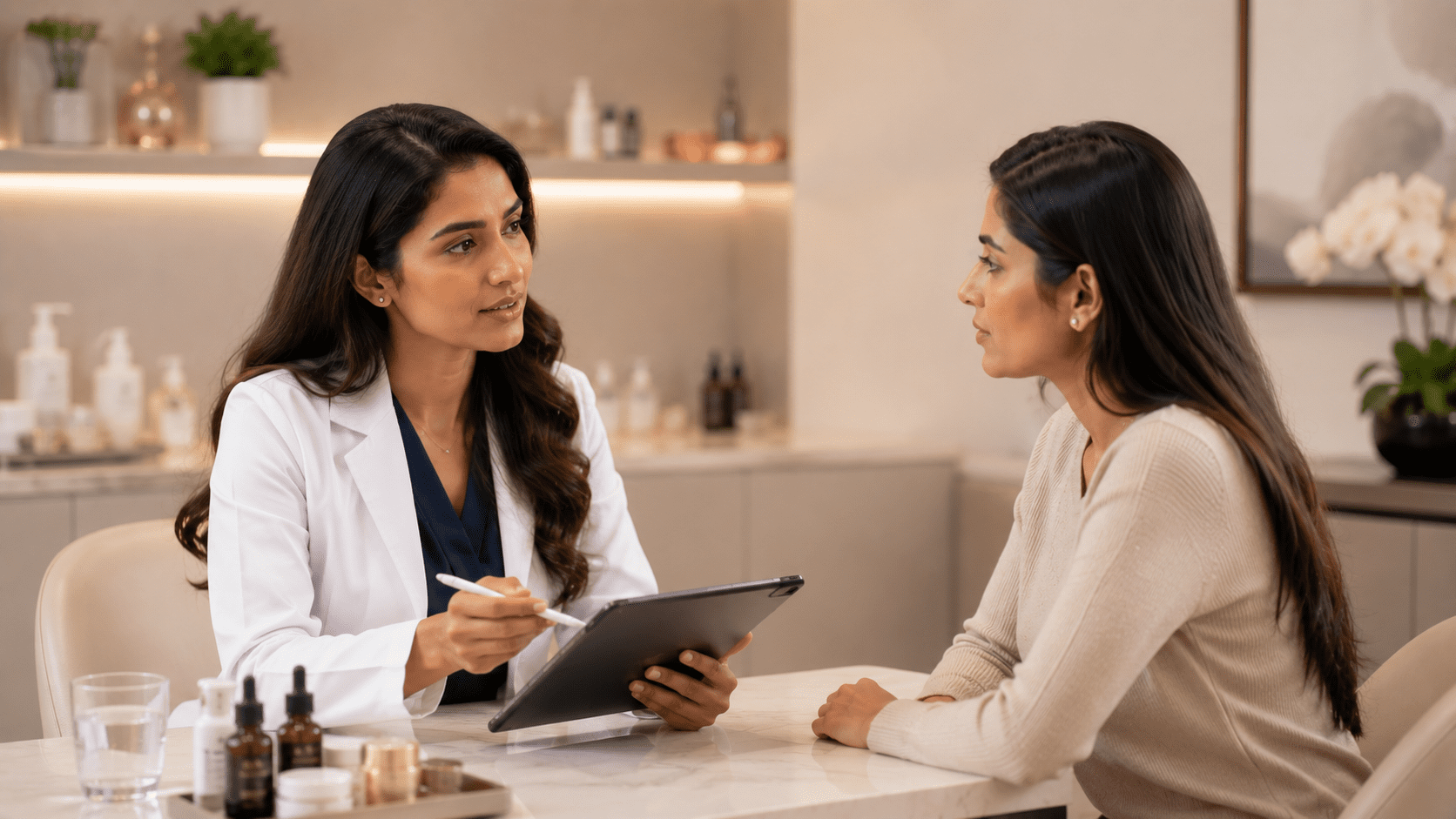 Dermatologist consulting a female patient and reviewing a treatment plan on a tablet in a modern skincare clinic