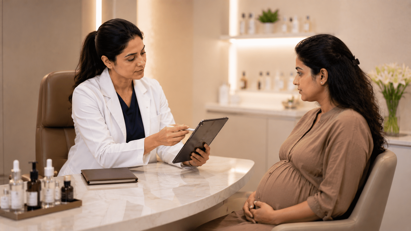 Dermatologist consulting a pregnant woman and reviewing a skincare treatment plan on a tablet in a modern clinic