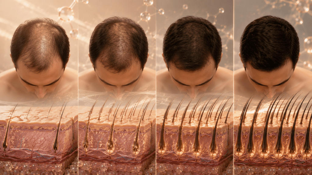 Sequential top-view images of a scalp representing multiple in-clinic treatment sessions
