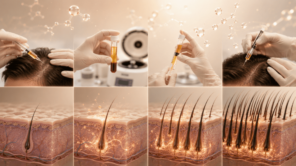 Hair regrowth treatment process showing scalp examination, blood sample preparation, injection therapy, and follicle recovery stages