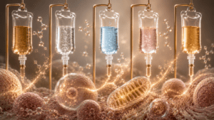 IV vitamin therapy concept showing multiple nutrient drips, glowing cells, mitochondria, and cellular wellness support