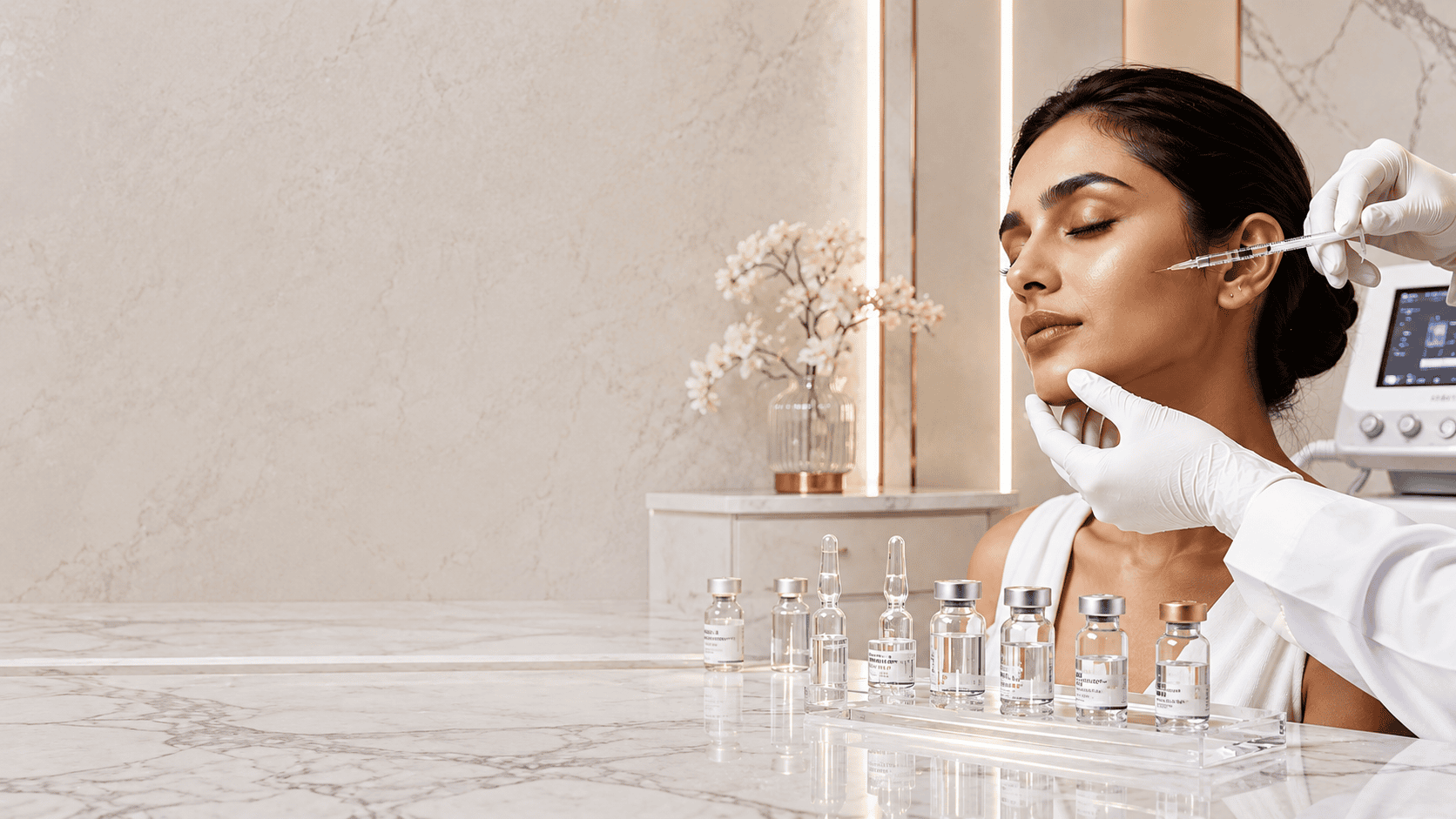 Rows of premium dermal filler vials displayed beside a patient during consultation