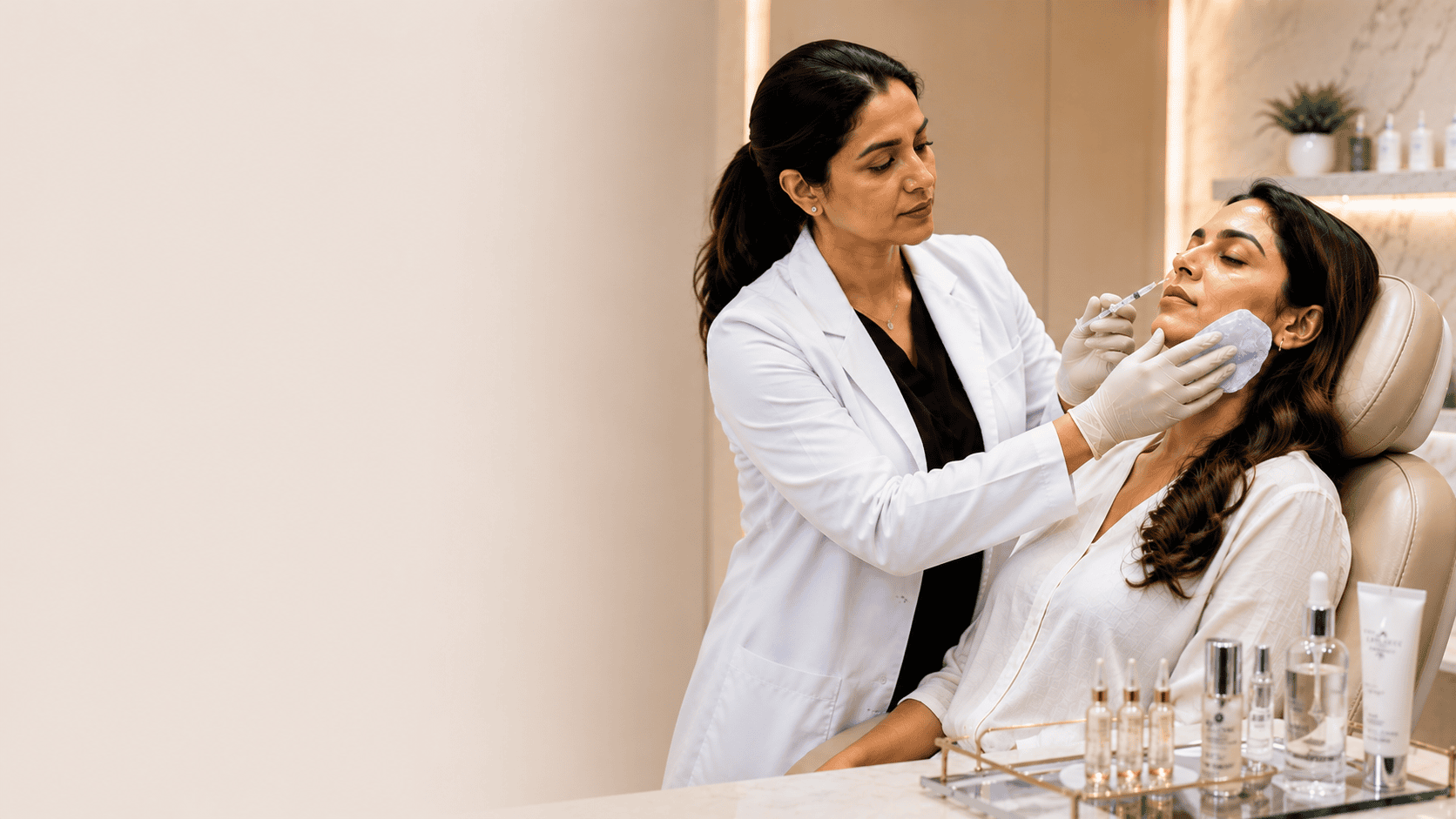 Doctor gently treating a relaxed patient's cheek during filler procedure