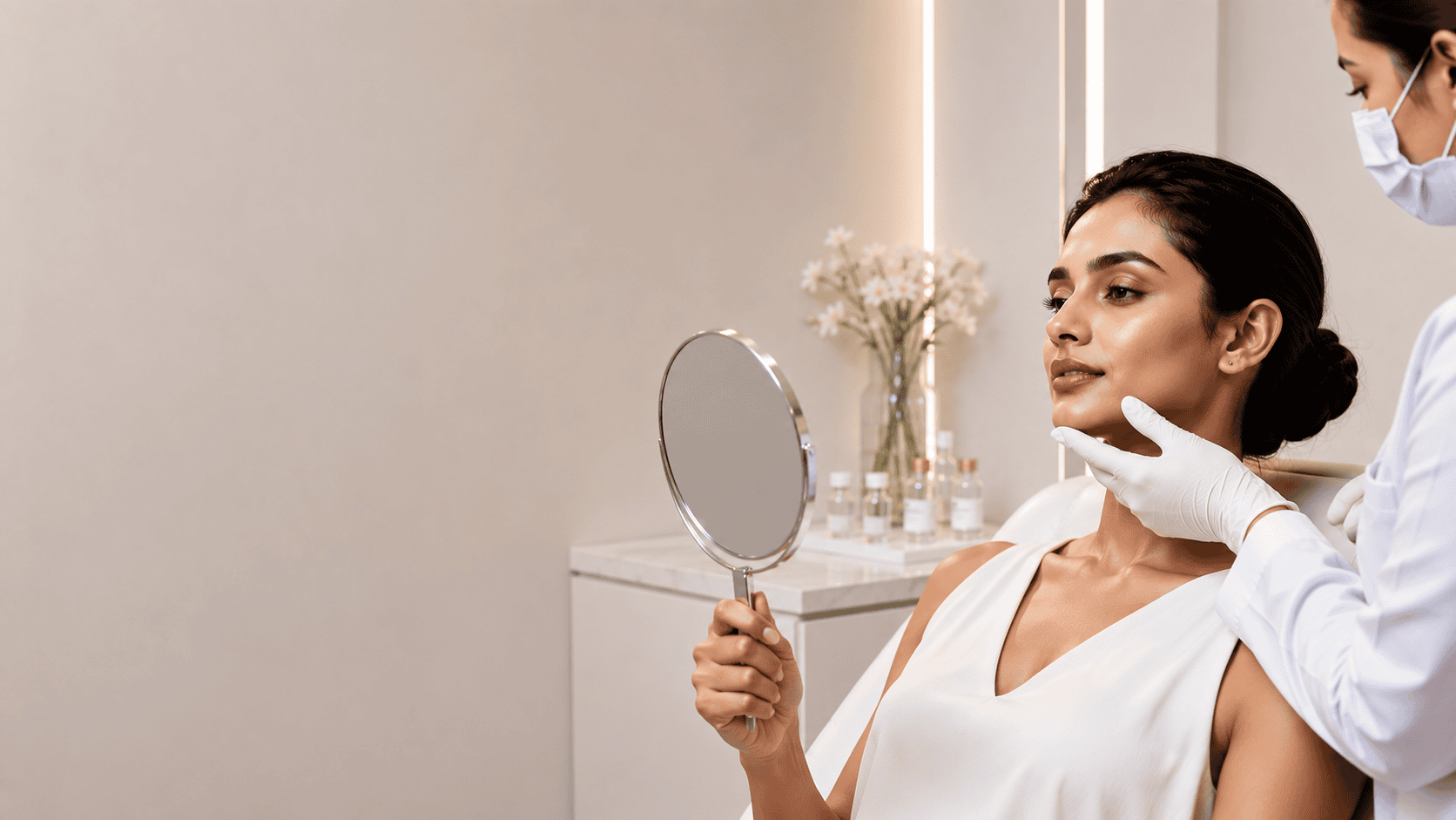 Patient reviewing results in a hand mirror after dermal filler treatment