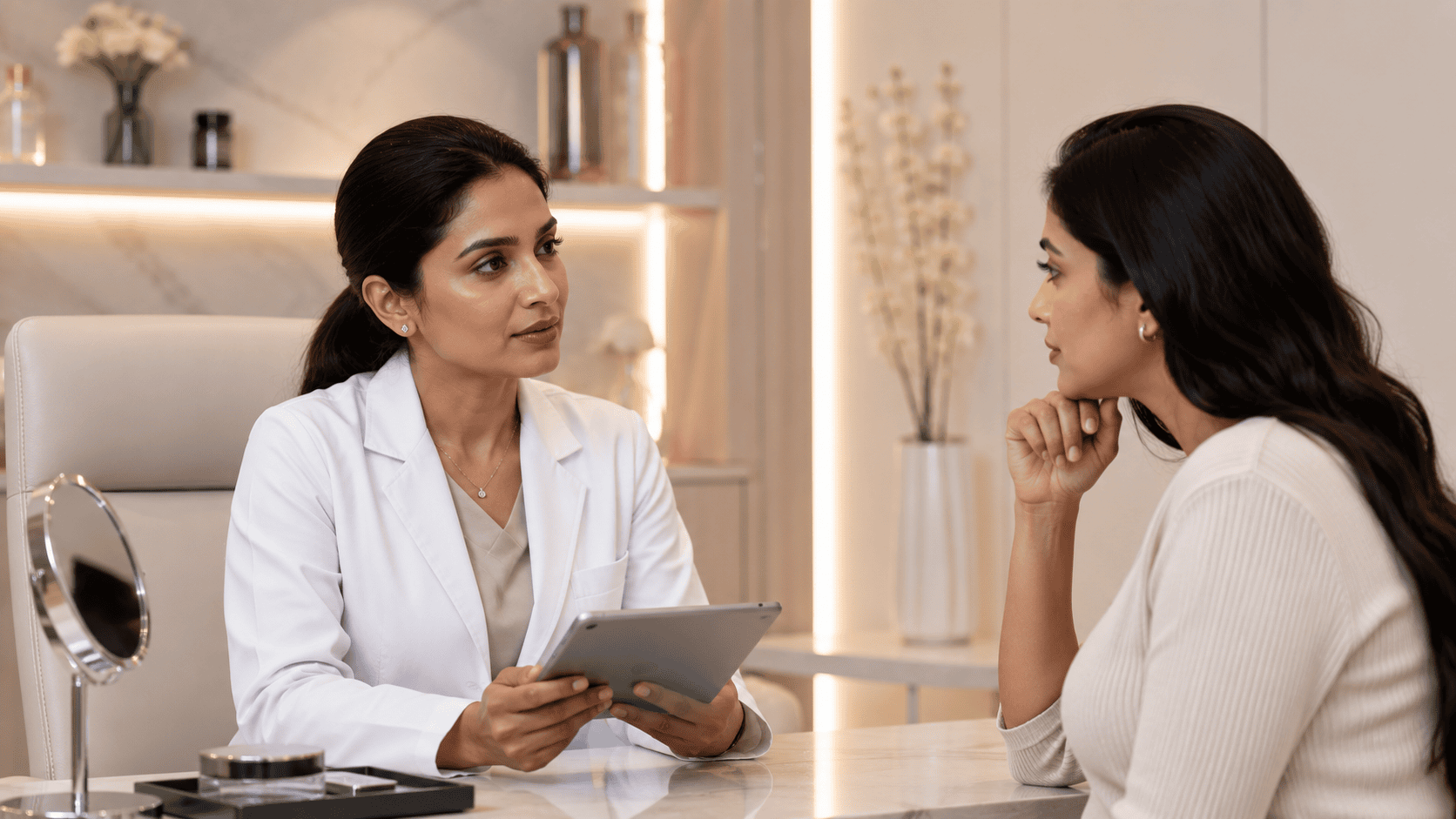 Doctor discussing filler treatment suitability with a patient during consultation