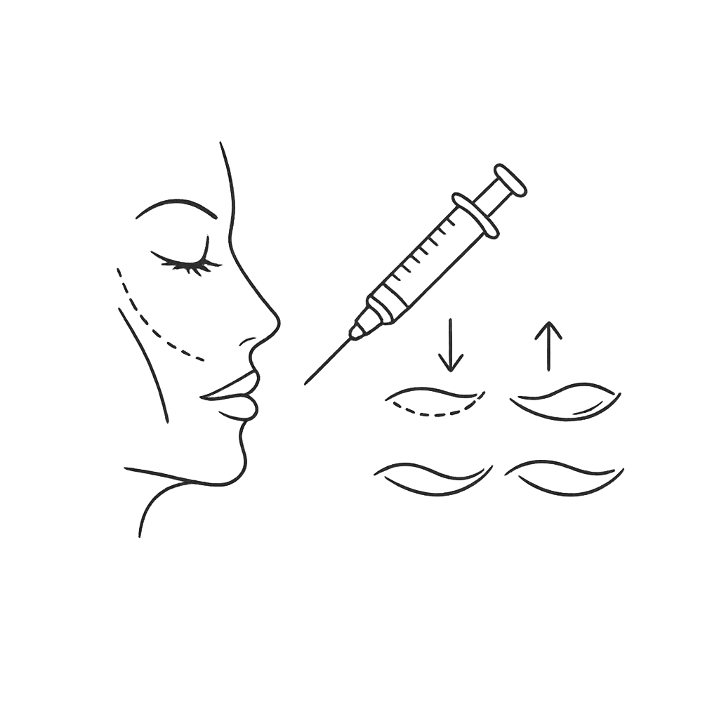 Line icon of a facial profile with a syringe representing cheek volume restoration