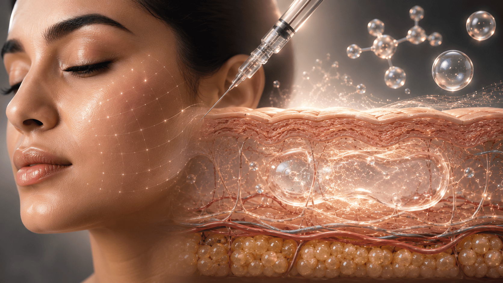 Facial skin cross-section showing collagen tissue integration during dermal filler recovery