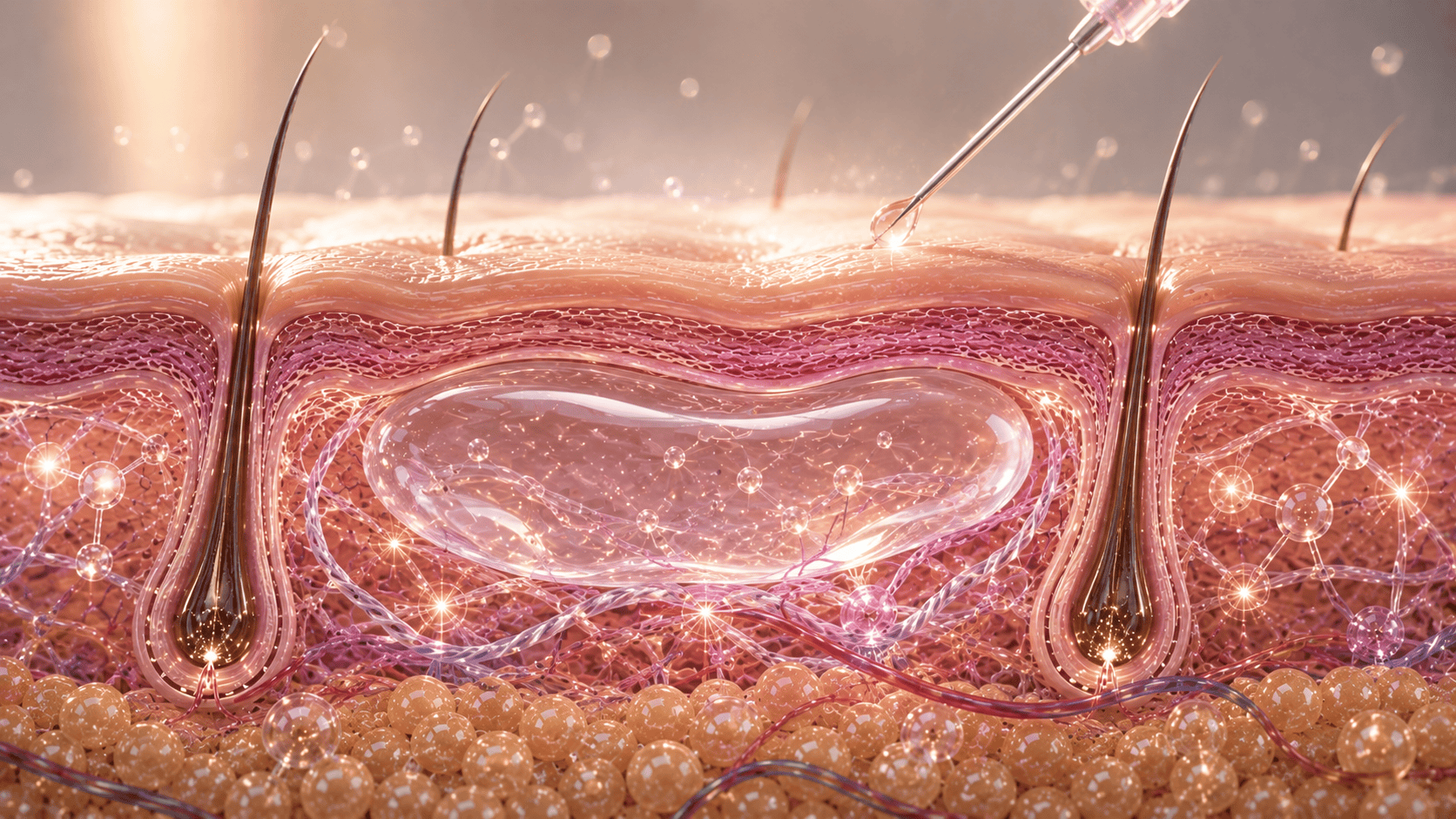 Skin cross-section illustration showing settled filler results between hair follicles