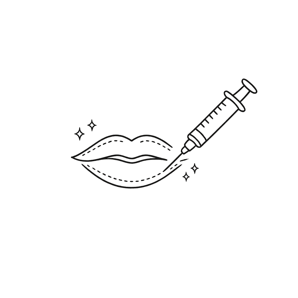 Line-art icon of lips with a syringe representing lip enhancement filler treatment