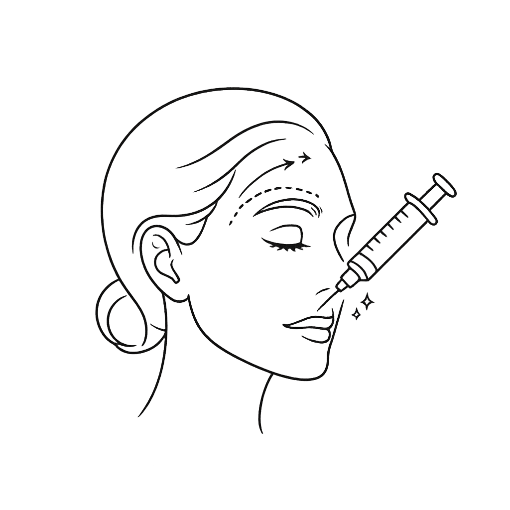 Line icon of a face with a syringe near the temple representing temple filler treatment