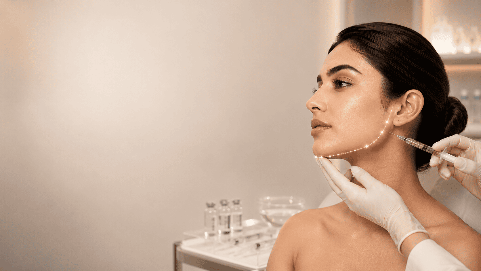 Clinician assessing a patient's facial proportions before jawline treatment