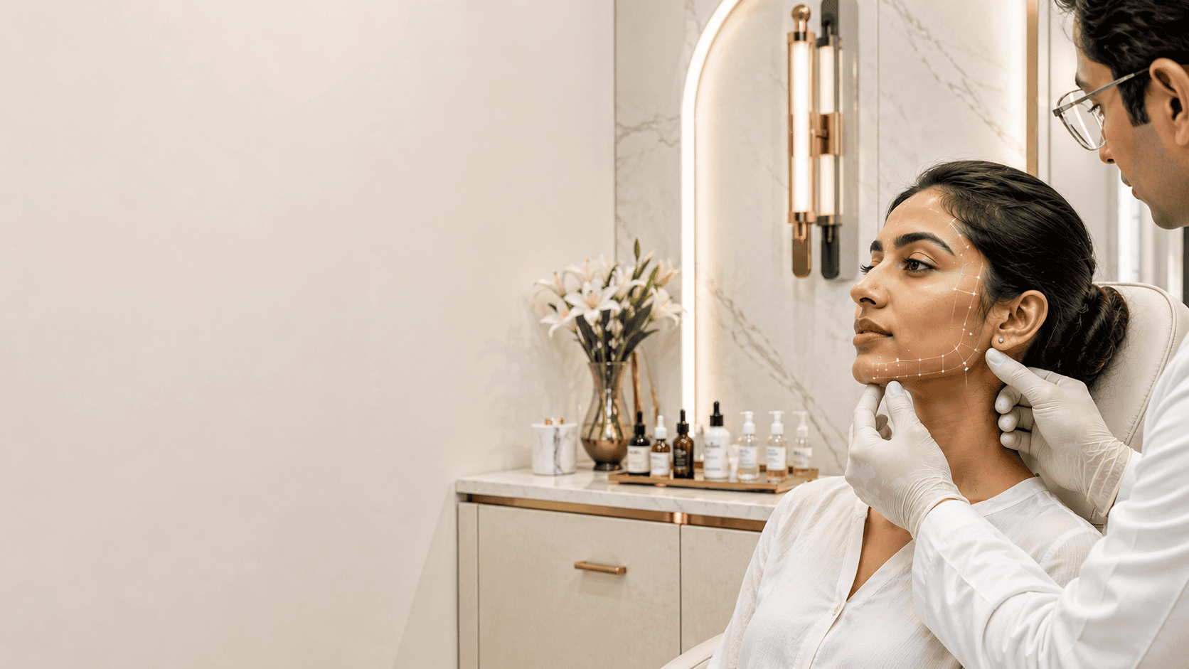 Doctor consulting with a patient during filler product selection for jawline treatment