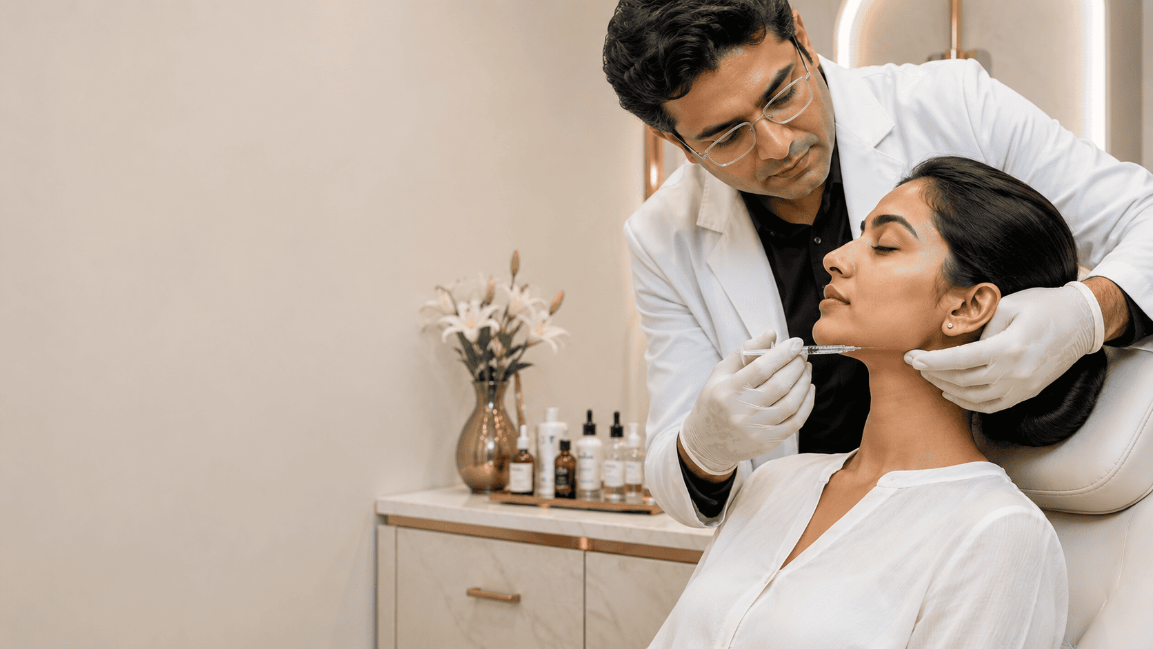 Doctor administering a precise jawline filler injection to a relaxed female patient