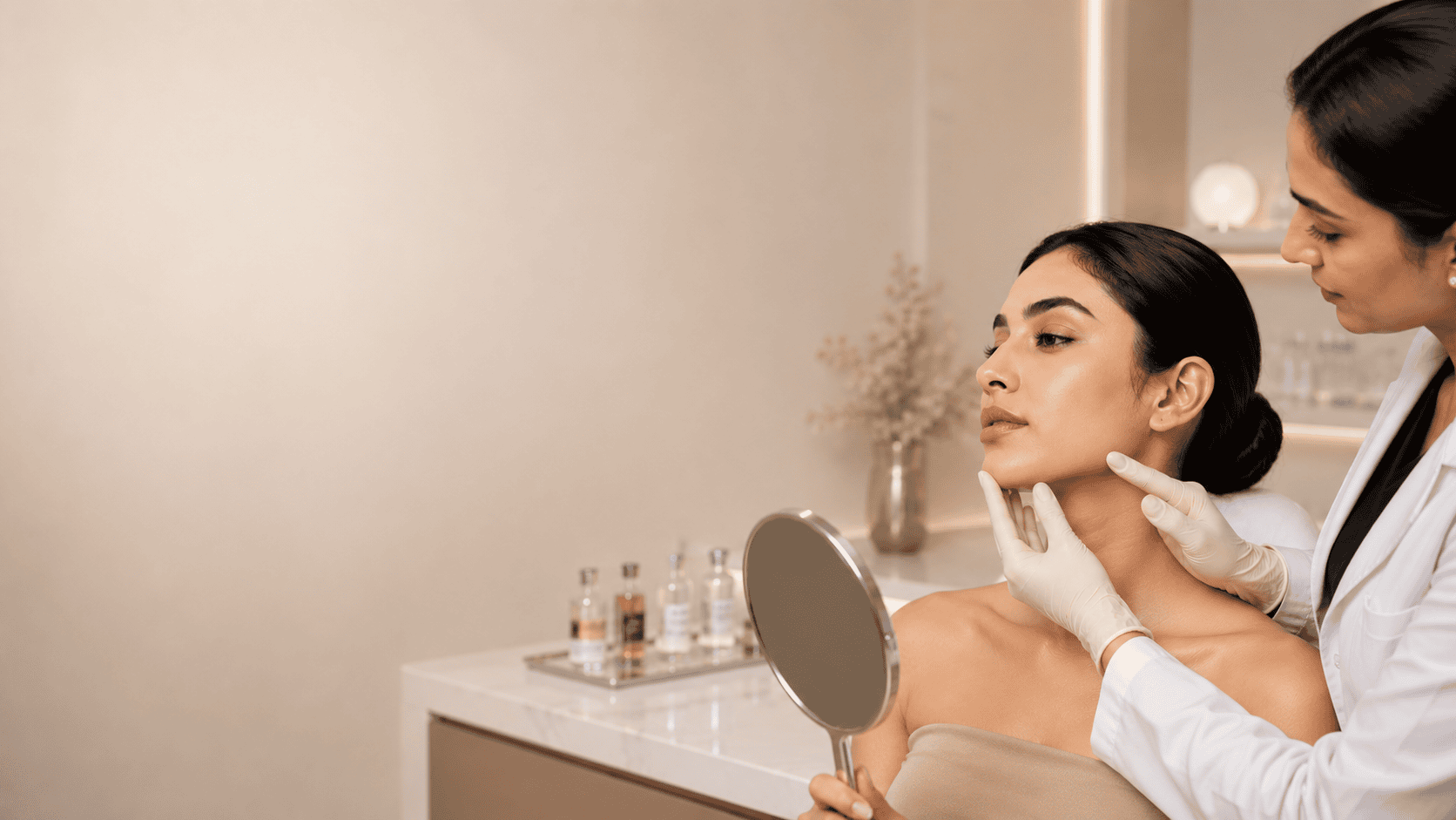 Doctor reviewing chin projection with a hand mirror during patient consultation
