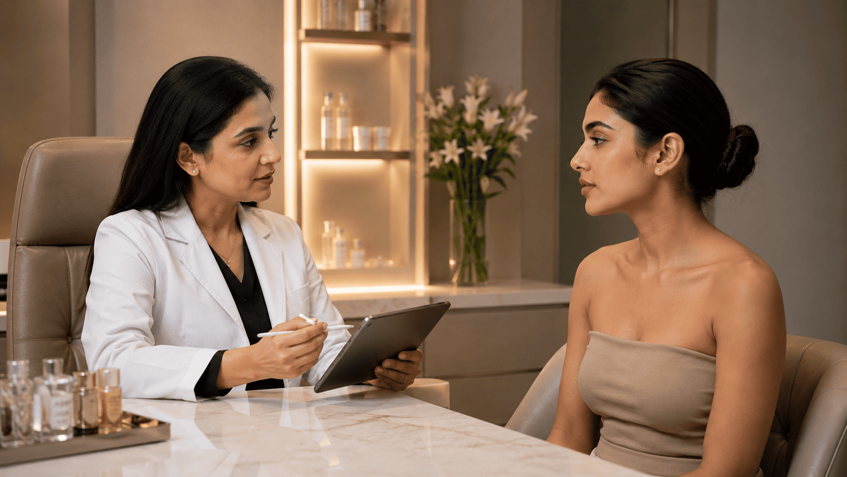 Female doctor consulting with a seated patient about treatment history