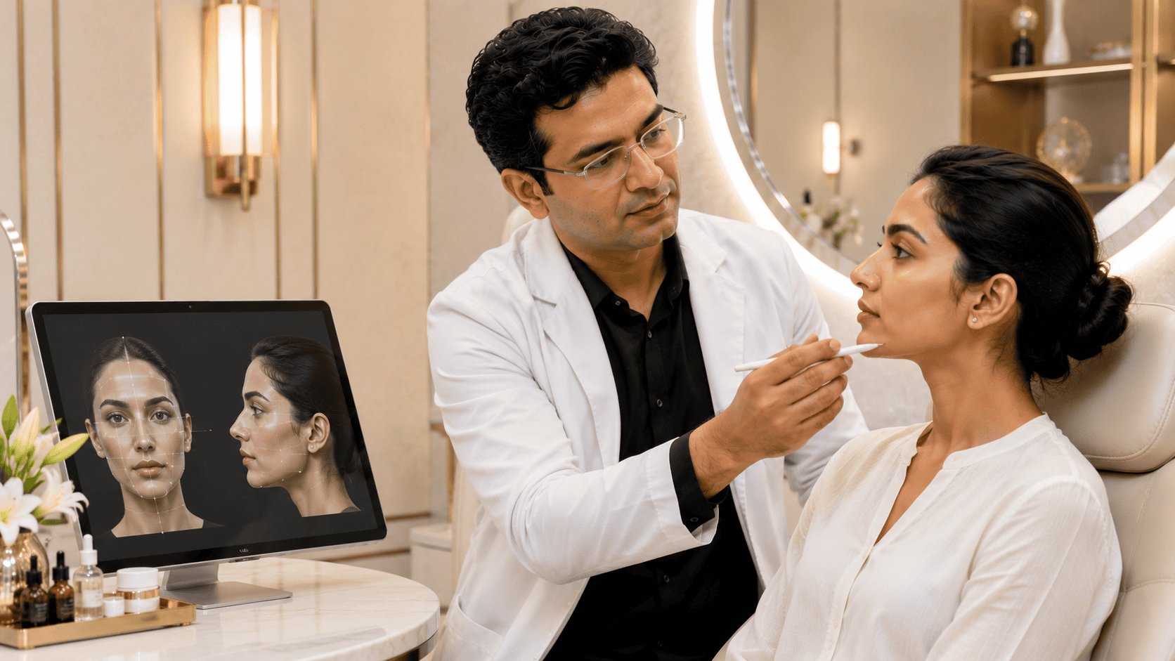 Doctor pointing to a facial image on a tablet while examining a patient's jaw